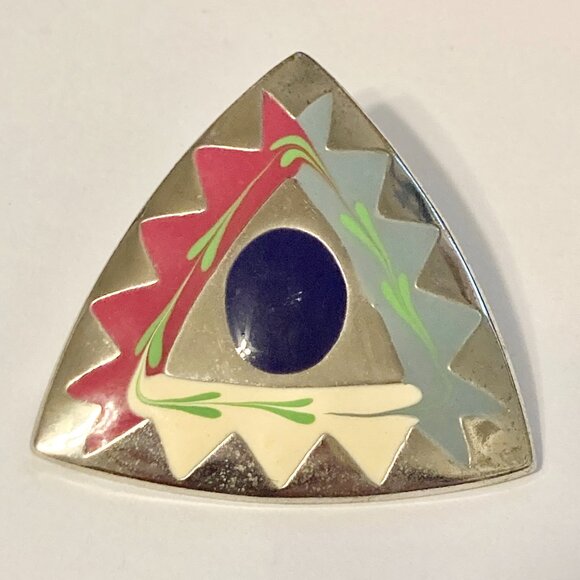 Vintage Southwestern Enamel Earrings Aqua Silver Tone Post Boho Western Triangle - Picture 7 of 11